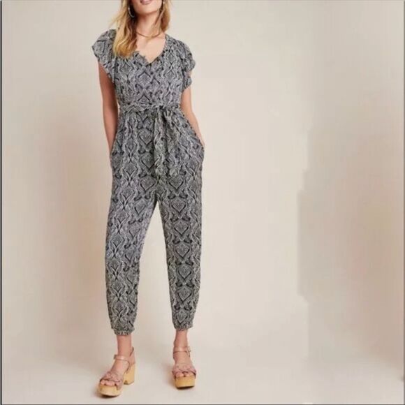 ANTHROPOLOGIE | Zadie Black & White Patterned Belted Jumpsuit Women’s Size 0 - Picture 1 of 14